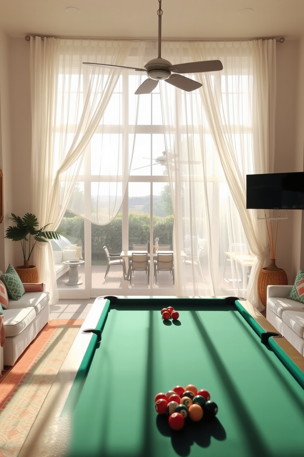 A bright and airy summer game room features lightweight sheer curtains that flutter gently with the breeze. The curtains are elegantly draped over large windows, allowing natural light to fill the space while maintaining a sense of privacy. The room is designed with vibrant colors and comfortable seating arrangements, creating an inviting atmosphere for friends and family. A stylish pool table takes center stage, complemented by playful decor elements that evoke a sense of fun and relaxation.