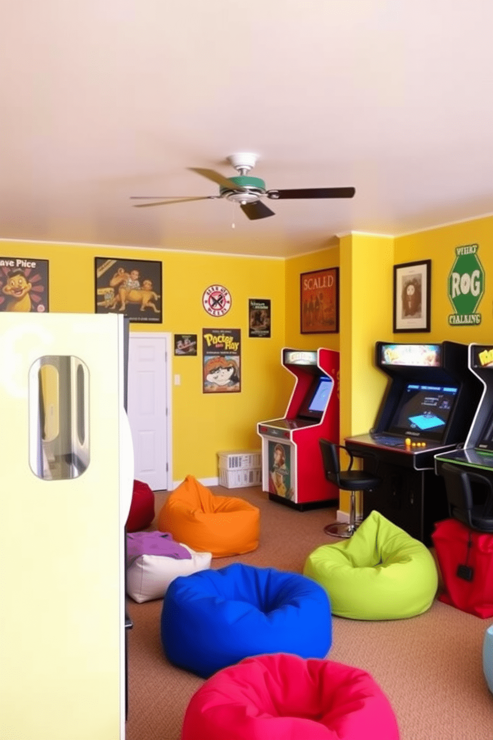 A vibrant summer game room filled with retro arcade game machines. The walls are painted in a bright yellow hue, and colorful bean bags are scattered around for seating.