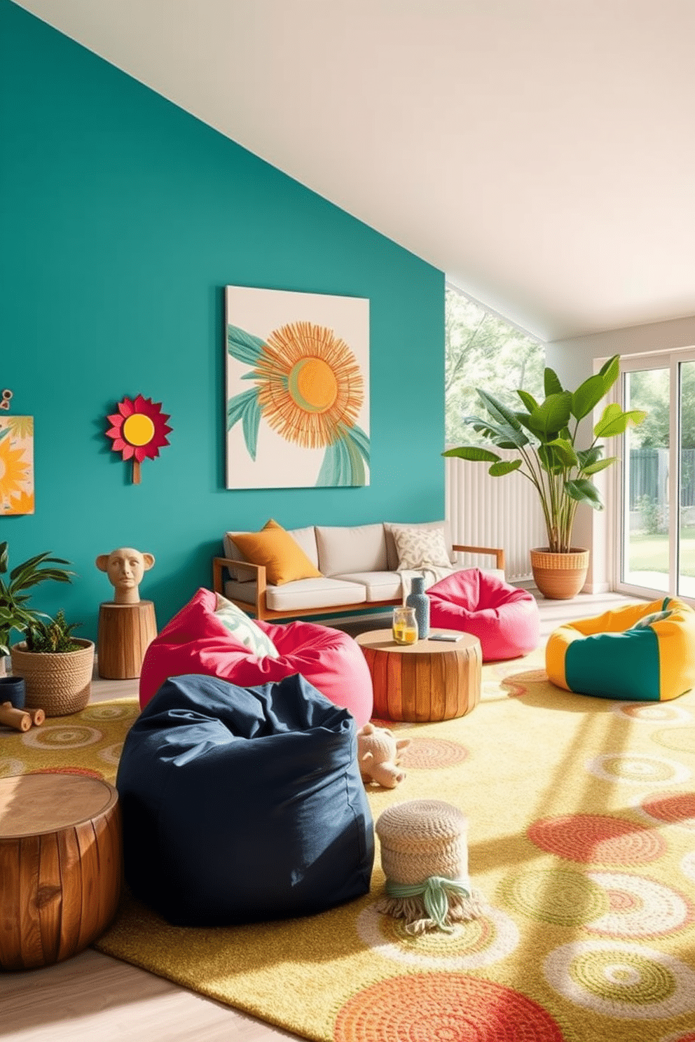 Outdoor inspired rugs for cozy comfort. Imagine a spacious living area with natural light streaming in, featuring a large outdoor-inspired rug that brings the essence of nature indoors. Summer game room decorating ideas. Picture a vibrant game room filled with colorful bean bags and a playful rug, complemented by bright wall art and a refreshing color palette that captures the spirit of summer.