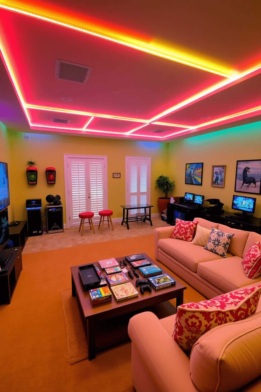 A vibrant summer game room filled with colorful LED strip lighting that creates a lively atmosphere. The walls are painted in a bright, cheerful hue, and the ceiling features dynamic lighting that changes colors to match the mood. Comfortable seating options include a large sectional sofa adorned with playful throw pillows. A stylish coffee table sits in the center, surrounded by a variety of board games and gaming consoles for entertainment.