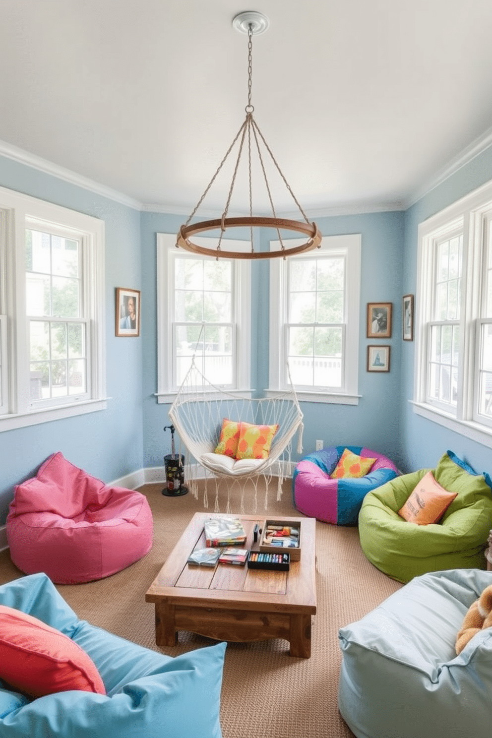 A cozy summer game room featuring a hammock chair suspended from the ceiling. The walls are painted in a light blue hue, and colorful bean bags are scattered around the space for additional seating. In one corner, a wooden coffee table holds board games and snacks. Large windows let in plenty of natural light, creating a cheerful and inviting atmosphere.