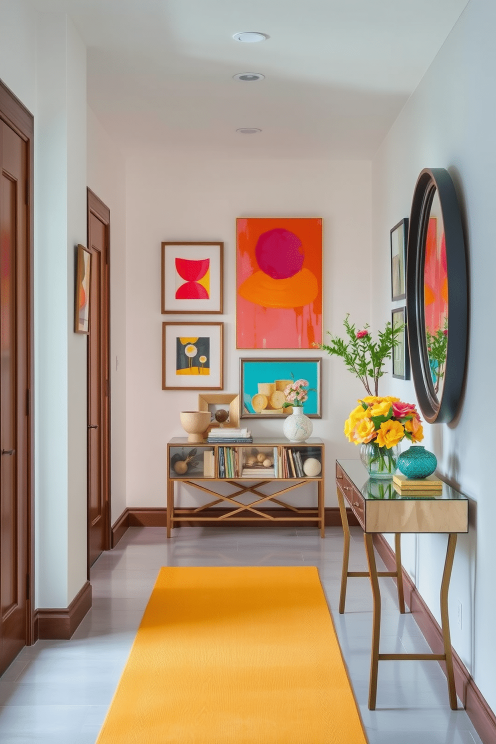 Brighten the hallway with vibrant and colorful wall art that adds a cheerful touch to the space. Use a mix of abstract paintings and framed photographs to create a dynamic gallery wall that reflects the warmth of summer. Incorporate decorative elements such as a stylish console table adorned with fresh flowers and a few carefully chosen decorative objects. Enhance the ambiance with soft lighting and a bright runner rug that invites guests to explore the hallway further.