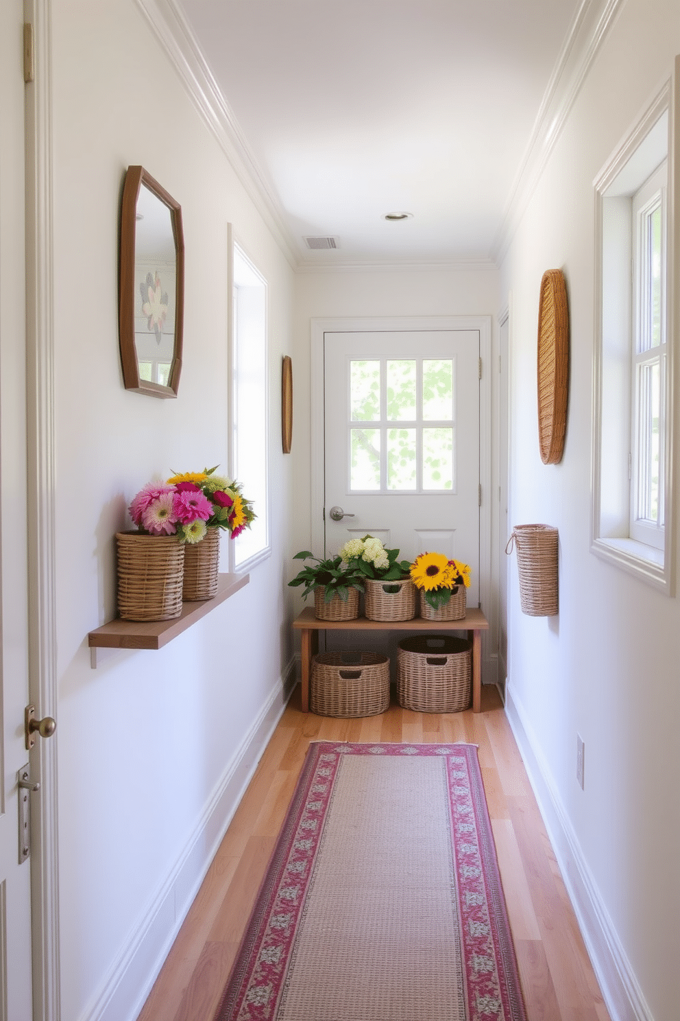 A bright and airy hallway adorned with decorative baskets for storage. The walls are painted in a soft pastel color, and a runner rug adds warmth underfoot. On one side, a series of woven baskets are neatly arranged on a wooden shelf, showcasing vibrant summer flowers. Natural light streams in through a nearby window, enhancing the inviting atmosphere.