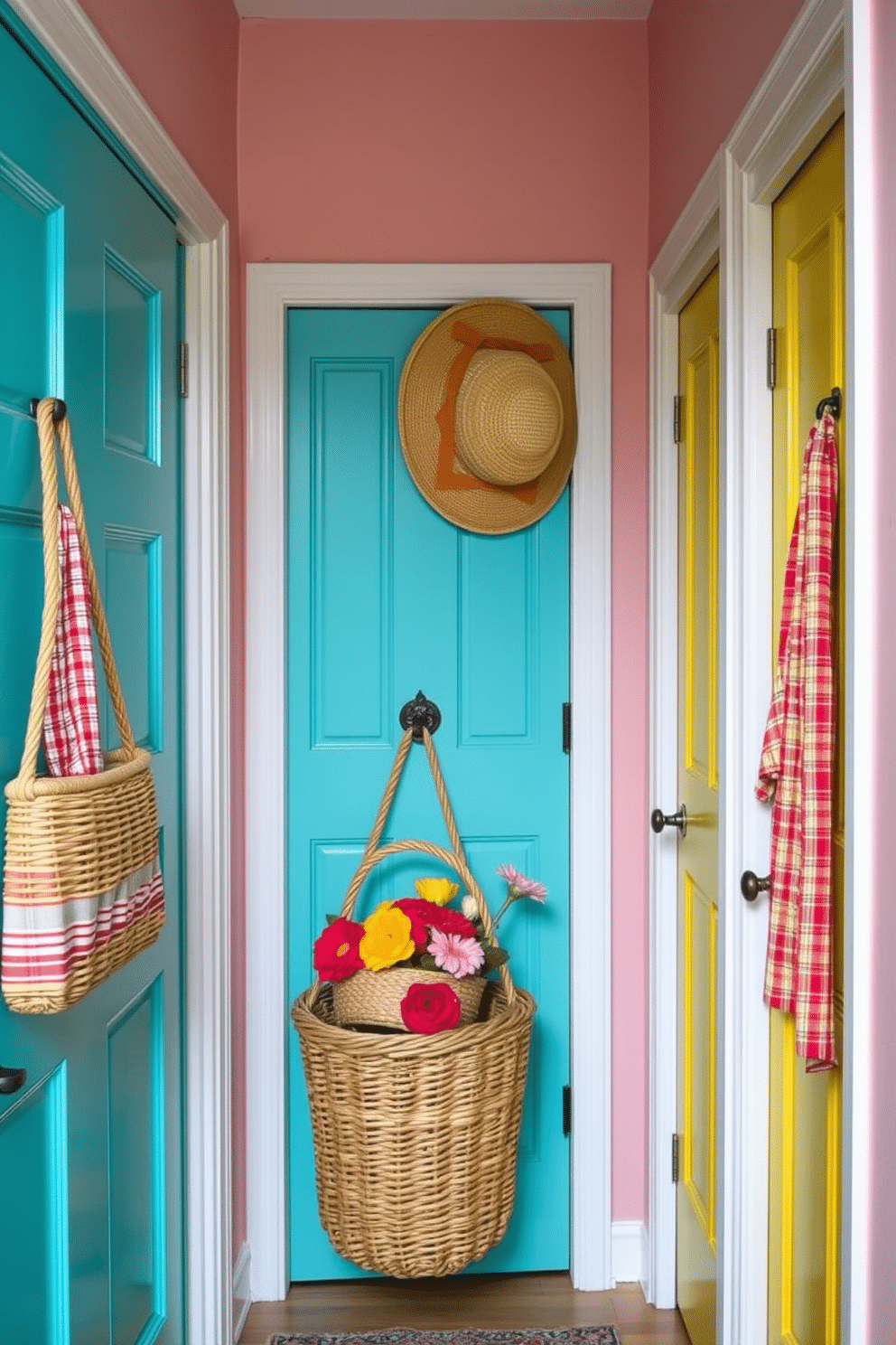 Paint the doors in vibrant colors to create a cheerful and inviting atmosphere. Use shades like bright yellow, turquoise, or coral to make a bold statement in the hallway. Incorporate summer-themed decorations such as light, airy fabrics and floral accents. Add elements like a woven basket filled with fresh flowers and a sun hat hanging on a hook for a playful touch.