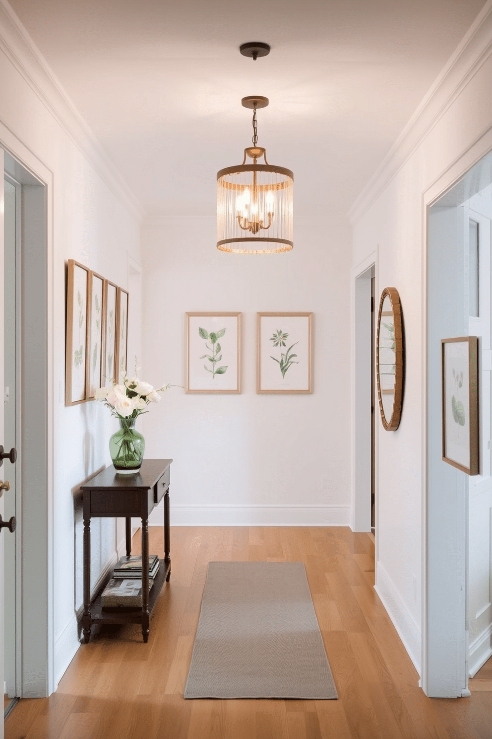 A bright and airy hallway adorned with light-colored walls and natural wood flooring. A statement chandelier hangs from the ceiling, casting a warm glow over the space. The hallway features a series of framed botanical prints, adding a touch of nature to the decor. A console table with a vase of fresh flowers sits against one wall, complemented by a stylish runner that adds texture.