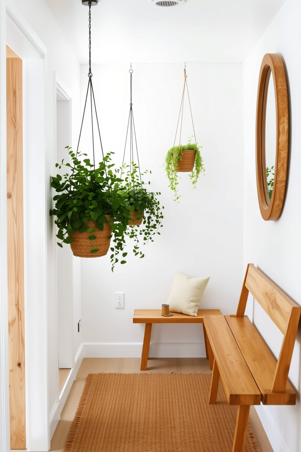 A bright and airy hallway adorned with natural wood accents. The walls are painted in a soft white, complemented by a warm wooden bench and a woven jute rug. Hanging planters filled with lush greenery are suspended from the ceiling. A large round mirror with a rustic wooden frame reflects the light, enhancing the open feel of the space.