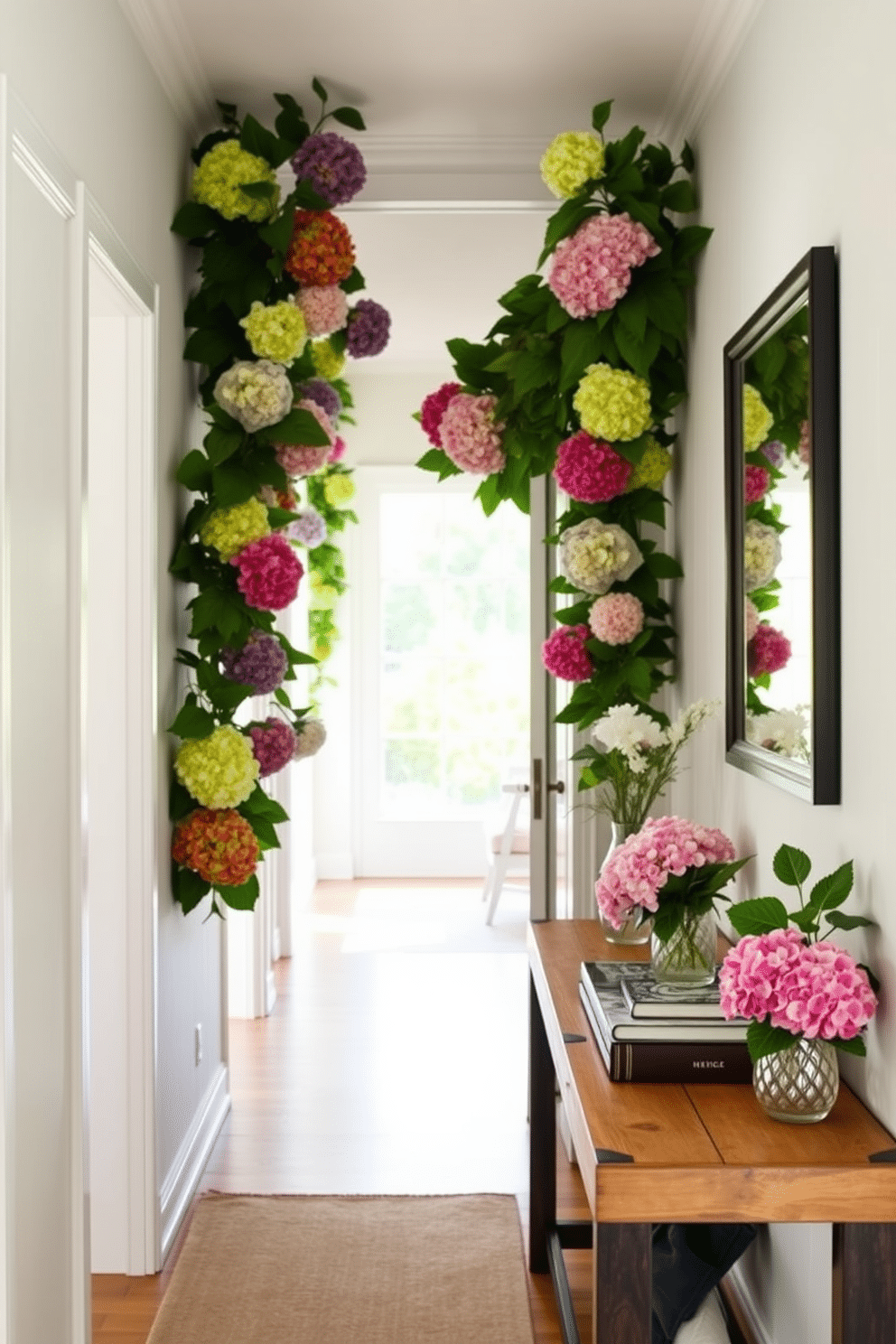 A bright and airy hallway adorned with faux hydrangeas in vibrant colors. The walls are painted in a soft white, creating a fresh backdrop for the greenery and floral accents. A console table made of reclaimed wood sits against one wall, topped with a decorative tray and a few stylish books. A large mirror with a simple black frame hangs above the table, reflecting the natural light that floods the space.