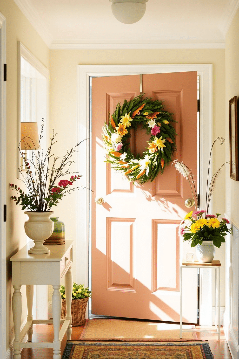 A bright and inviting hallway adorned with a seasonal wreath on the front door. The walls are painted in a soft pastel color, and a console table with fresh flowers and summer-themed decor enhances the cheerful ambiance.