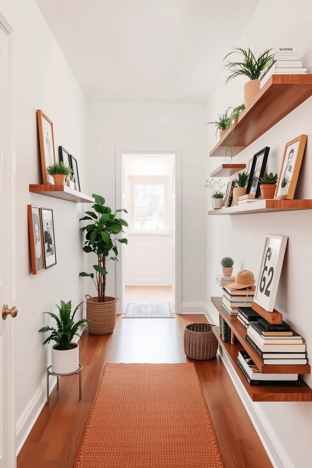 A bright and airy hallway adorned with floating shelves showcasing an array of decorative items. The walls are painted in a soft pastel hue, creating a welcoming atmosphere filled with natural light. The shelves are filled with potted plants, framed photos, and stylish books, adding personality to the space. A textured runner rug in warm tones runs along the wooden floor, enhancing the cozy feel of the hallway.