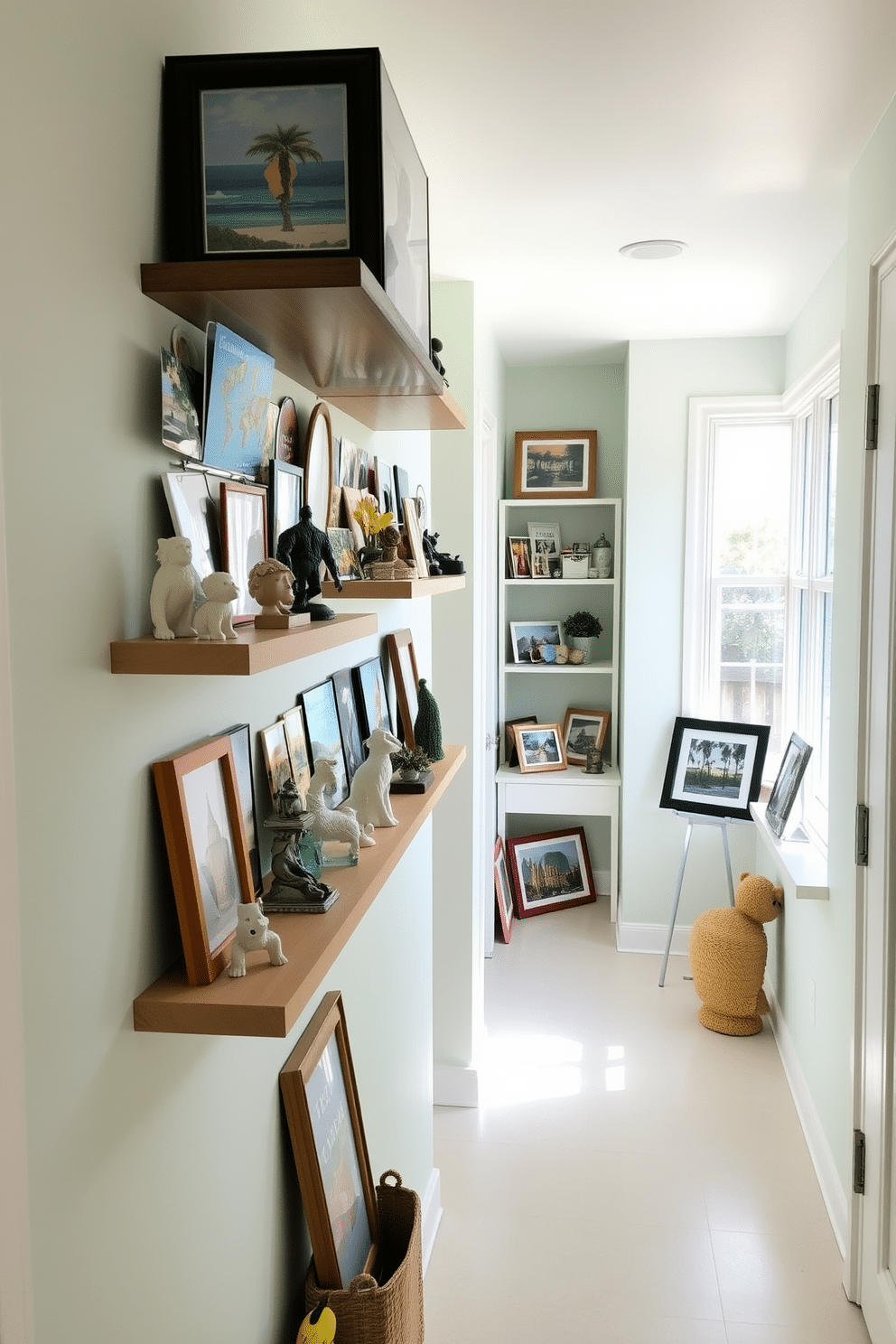 A bright and airy hallway showcases an array of travel souvenirs displayed on floating shelves. Colorful postcards, small sculptures, and framed photos from various destinations create a personal and inviting atmosphere. The walls are painted in a soft pastel hue, enhancing the summer vibe. Natural light streams in through a nearby window, illuminating the space and highlighting the unique decor pieces.