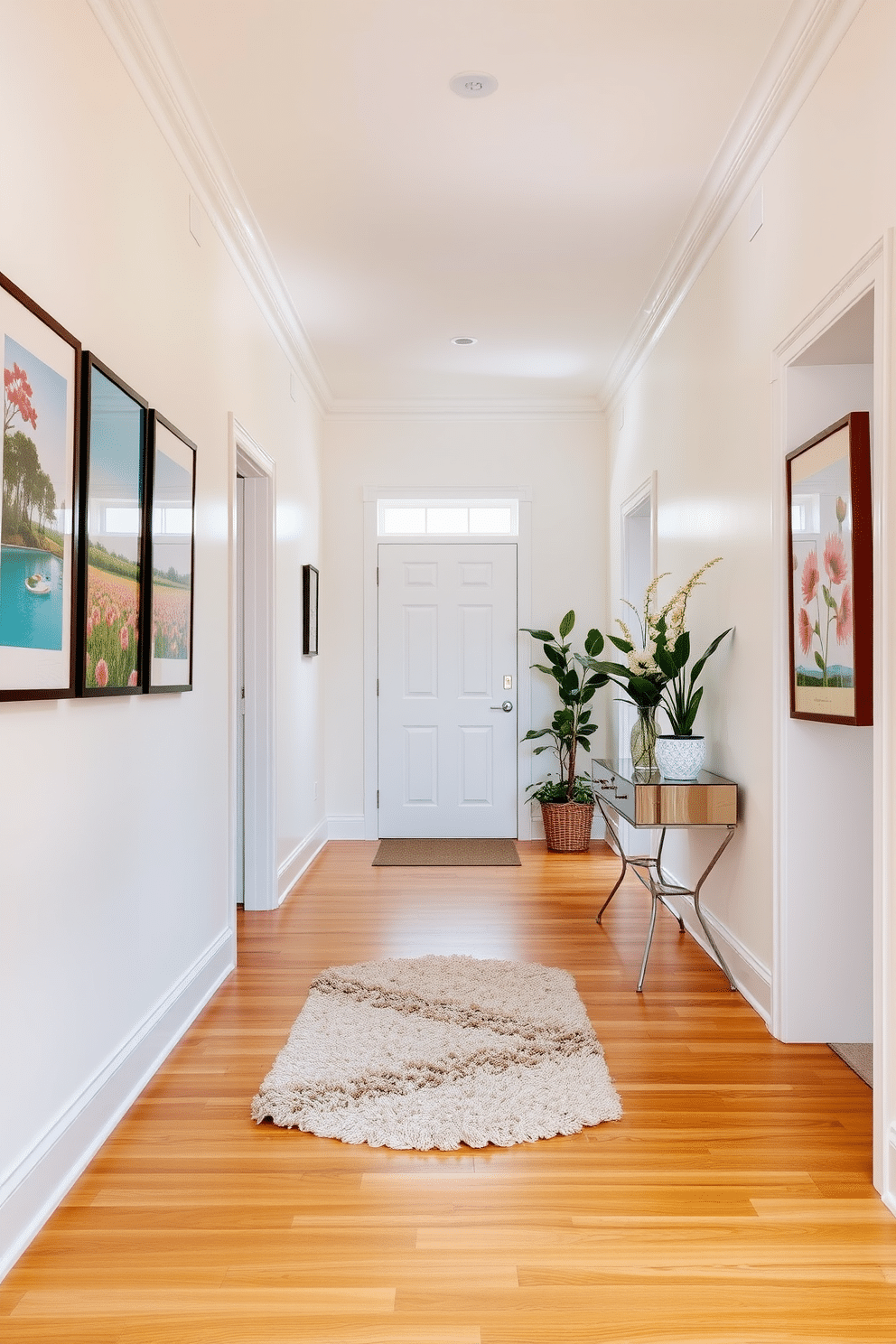 A bright and airy hallway adorned with light-colored walls and a high ceiling. The floor is covered with a beautiful wooden finish, and a small, soft rug lies at the center, adding warmth and comfort. On one side, there are framed artworks that reflect summer themes, such as vibrant landscapes and floral designs. A stylish console table is placed against the wall, decorated with a few potted plants and a decorative bowl, creating a welcoming atmosphere.