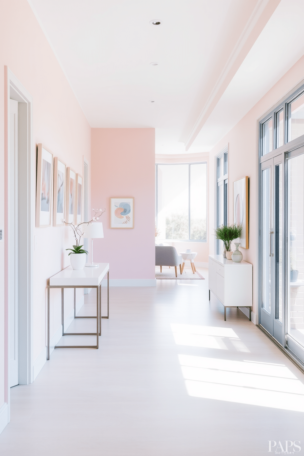 A bright and airy hallway adorned with light pastel-colored walls that evoke a sense of calm and serenity. Soft pinks and light blues create a welcoming atmosphere, complemented by natural light streaming in through large windows. The hallway features a sleek console table with a minimalist design, topped with a few decorative items such as a small potted plant and a stylish lamp. A series of framed art pieces in pastel tones line the walls, enhancing the overall cheerful ambiance of the space.