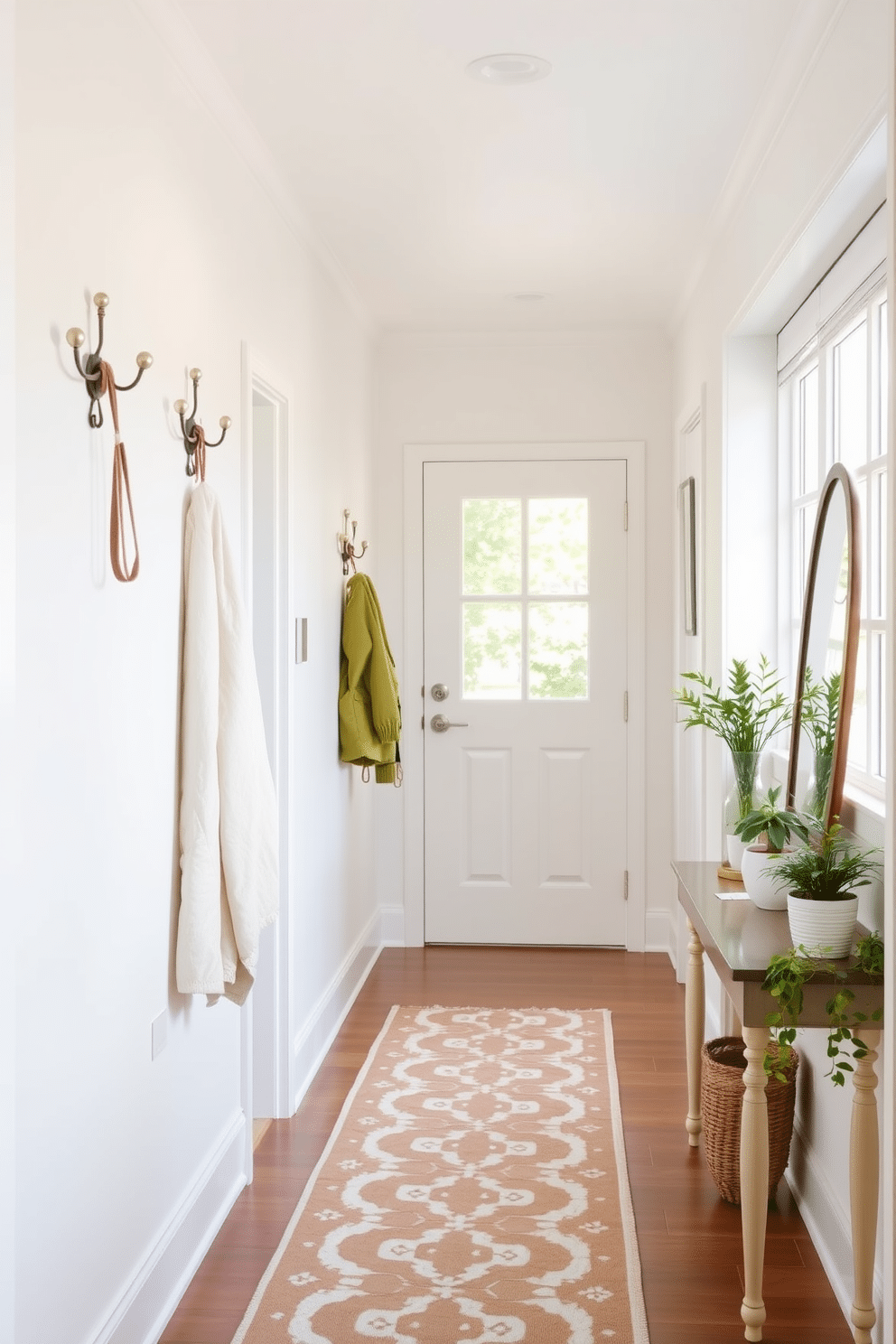 A bright and airy hallway adorned with decorative hooks for coats. The walls are painted in a soft pastel hue, complemented by a stylish runner rug that adds warmth to the space. To the right, a small console table holds a few potted plants and a decorative mirror. Natural light floods in through a nearby window, enhancing the cheerful ambiance of the summer hallway.