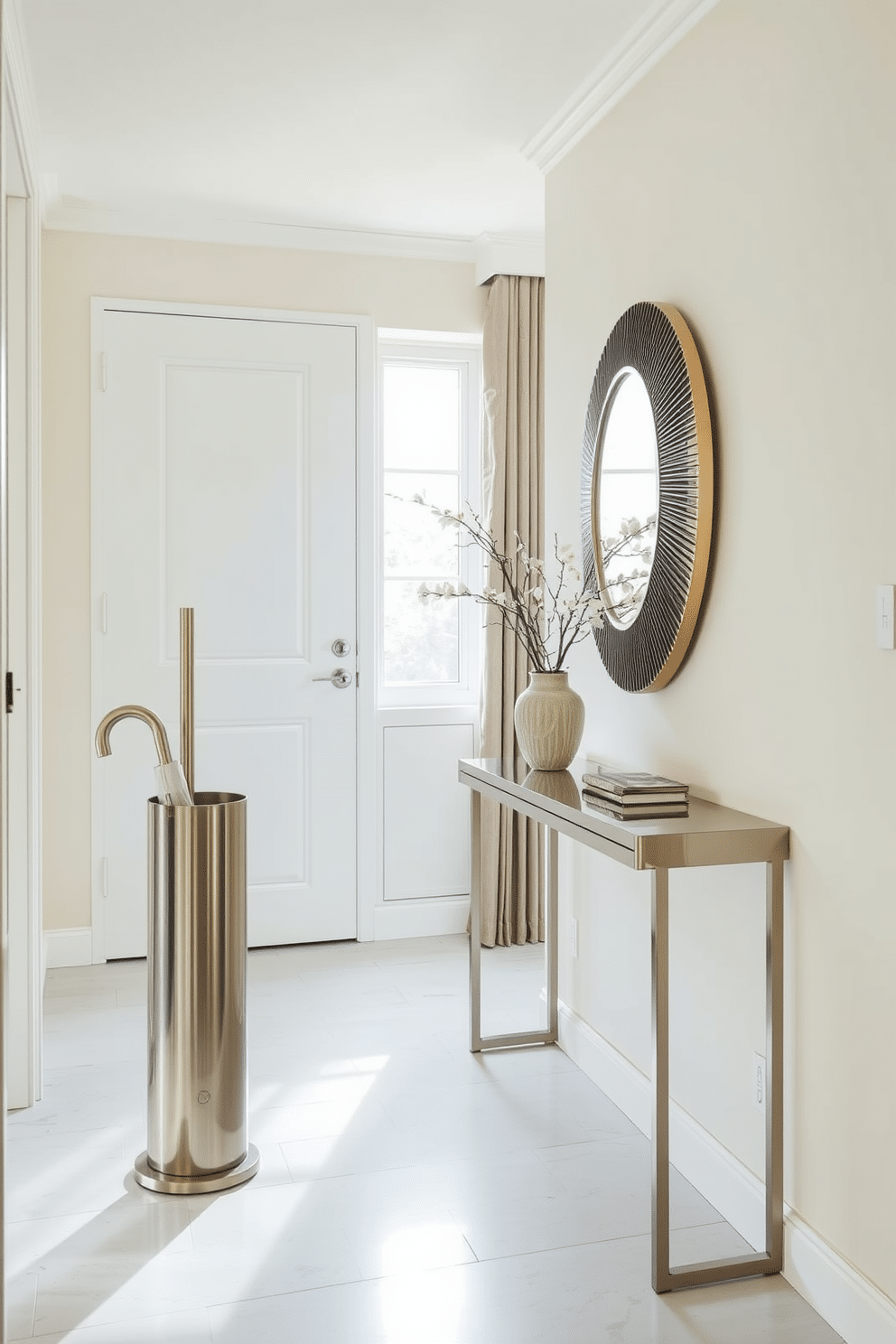 A stylish hallway featuring a chic umbrella stand made of brushed metal, elegantly positioned next to a sleek console table. The walls are adorned with light pastel colors, and a large round mirror reflects the natural light streaming in from a nearby window.