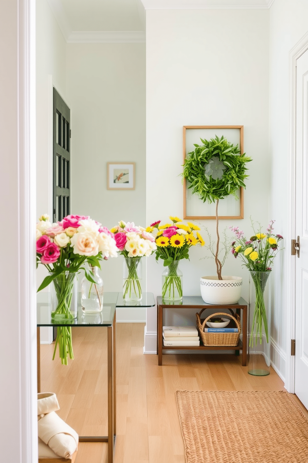 A bright and airy hallway decorated for summer. Clear glass vases filled with fresh flowers line the console table, creating a cheerful and inviting atmosphere. The walls are painted in a soft pastel color, enhancing the light and open feel of the space. A woven rug adds texture underfoot, complementing the light wood flooring.