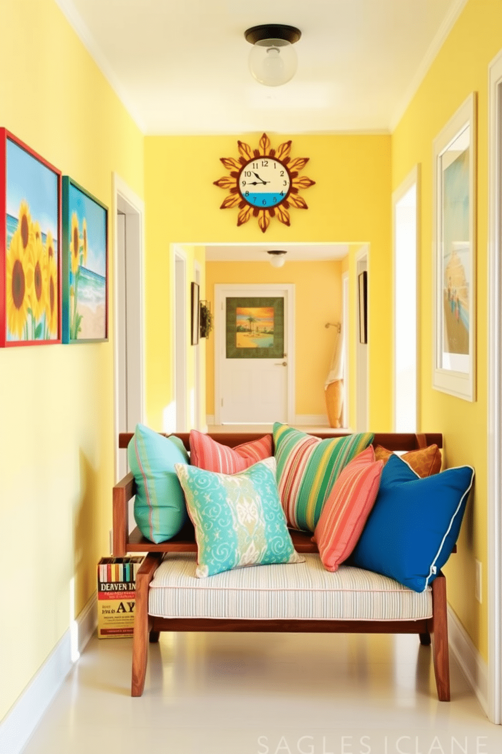 A bright and airy hallway adorned with cheerful summer decor. The walls are painted in a soft pastel yellow, and vibrant artwork featuring sunflowers and beach scenes hangs at eye level. A whimsical clock shaped like a sun is mounted on one wall, adding a playful touch to the space. Colorful throw pillows are placed on a wooden bench, inviting guests to pause and enjoy the summer vibes.