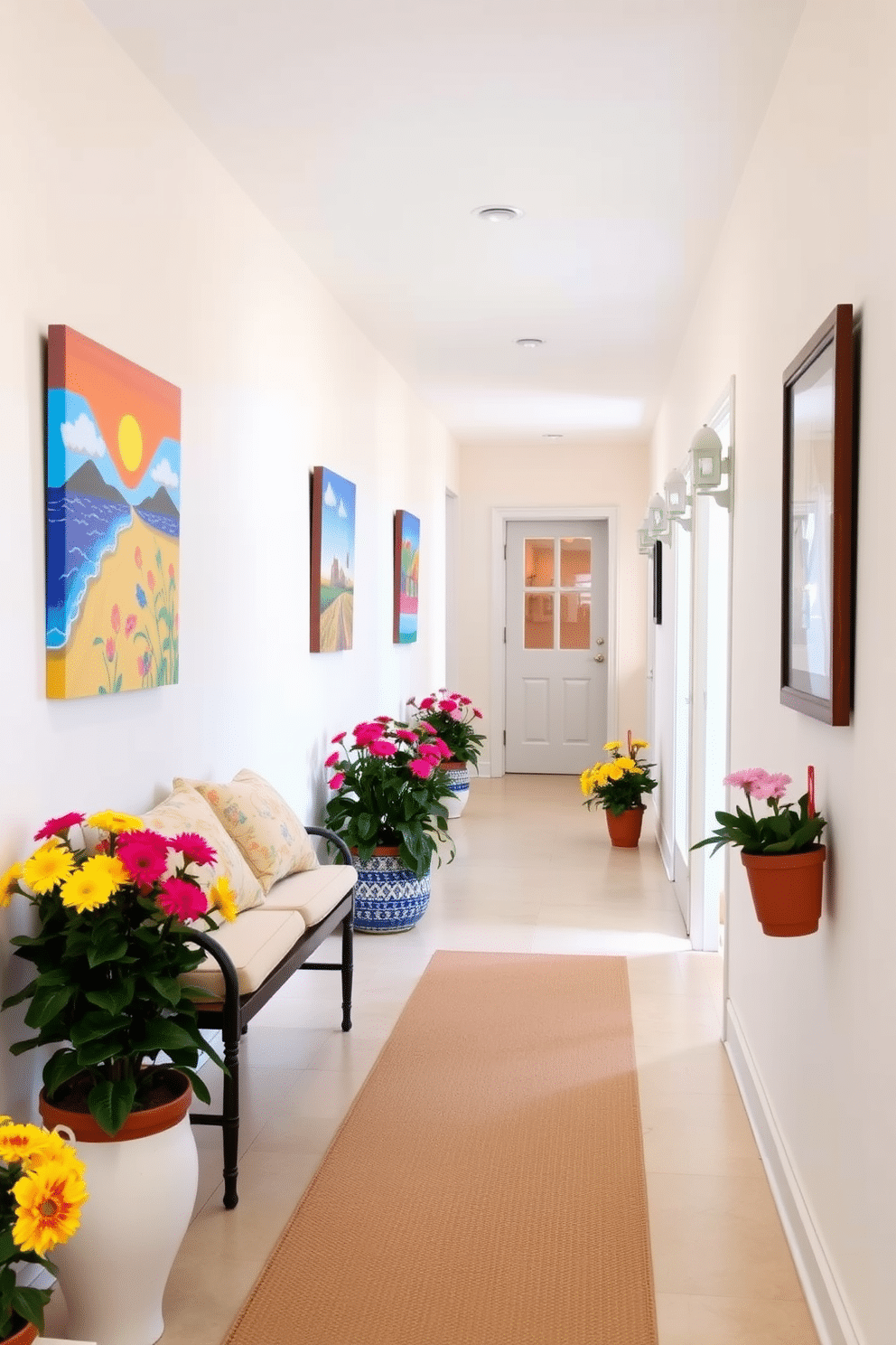 A bright and airy hallway adorned with summer-themed decor. The walls are painted in a soft pastel hue, and a small bench with plush cushions is positioned against one side, inviting relaxation. Colorful artwork depicting summer landscapes hangs on the walls, enhancing the cheerful ambiance. Potted plants with vibrant flowers are placed strategically along the hallway, adding a touch of nature and warmth.