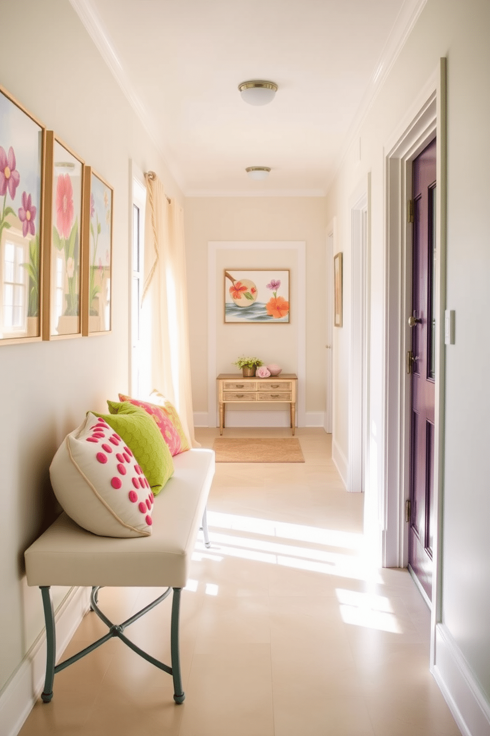 Create a bright and inviting hallway that captures the essence of summer. The walls are painted in a soft pastel hue, and colorful throw pillows are scattered on a stylish bench, adding comfort and a pop of color. Incorporate vibrant artwork that reflects summer themes, such as beach scenes or floral designs. Use natural light to enhance the space, with sheer curtains allowing sunlight to filter through, creating a warm and cheerful atmosphere.