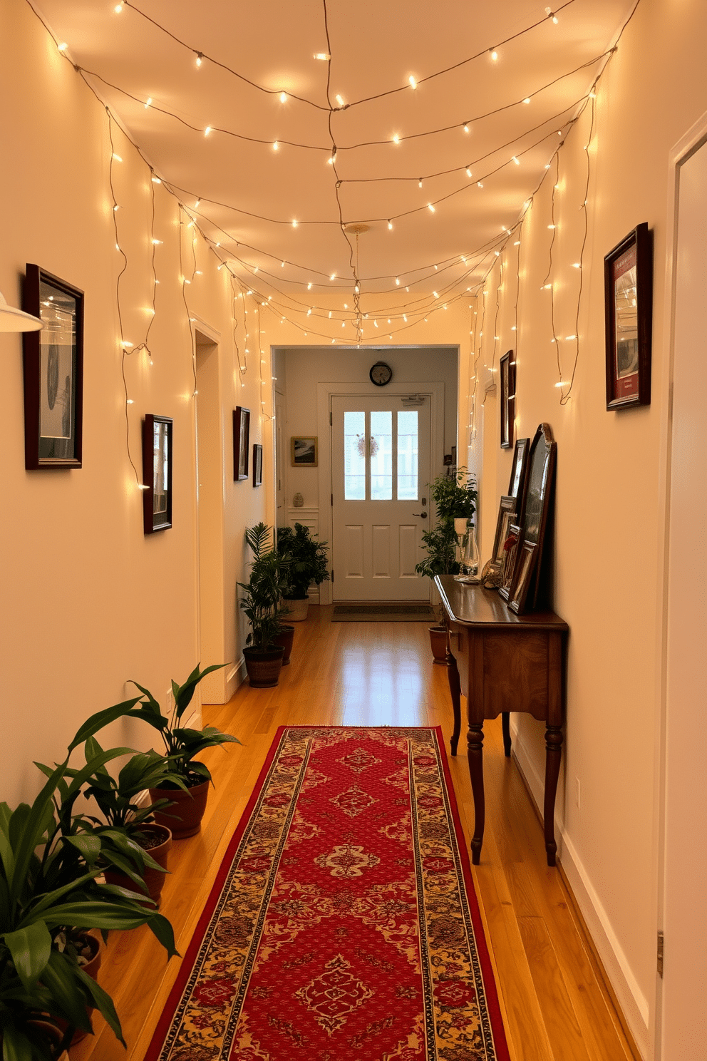 A warm and inviting hallway adorned with string lights that create a cozy atmosphere. The walls are painted in a soft cream color, and a runner rug with a vibrant pattern adds a touch of color to the floor. Potted plants line the edges of the hallway, bringing a touch of greenery indoors. A vintage console table against one wall displays framed photos and decorative items, enhancing the personal feel of the space.