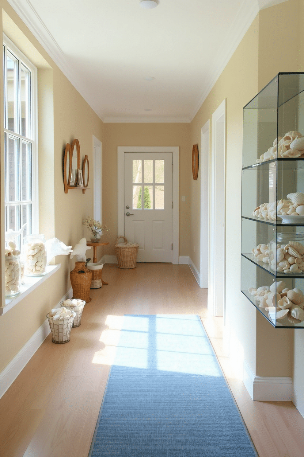 A bright and airy hallway adorned with a collection of seashells displayed in various glass jars and bowls. The walls are painted in a soft sandy beige, complemented by a light wood floor that adds warmth to the space. Natural light floods the hallway through a large window, highlighting the textures and colors of the seashells. A simple runner rug in ocean blue adds a touch of coastal charm, creating a serene atmosphere.