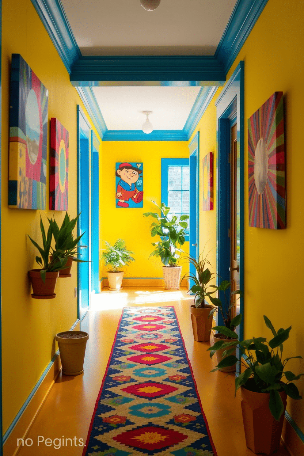 A vibrant hallway filled with natural light. The walls are painted in a cheerful yellow, accented by bright blue trim and colorful artwork that adds personality. A playful runner rug in bold patterns stretches along the floor, guiding the way. Potted plants in various sizes are placed strategically to bring life and freshness to the space.