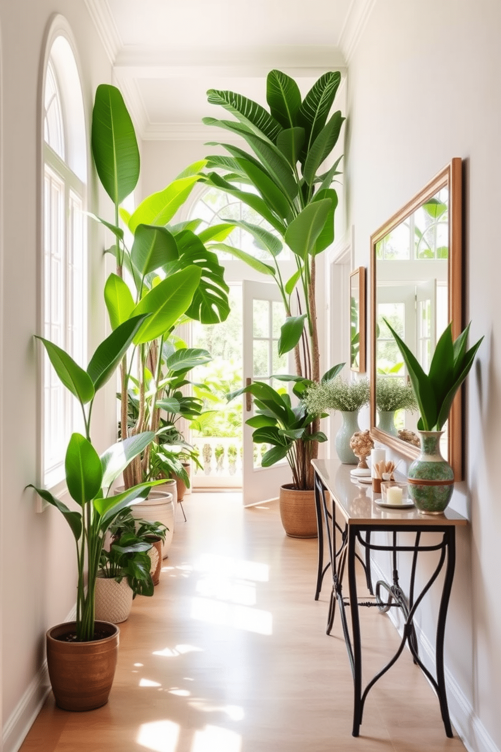 A bright summer hallway filled with natural light. Lush tropical plants are placed strategically along the walls, adding vibrant greenery and freshness to the space. The walls are painted in a soft pastel shade, creating a warm and inviting atmosphere. A stylish console table adorned with decorative items and a large mirror reflects the beauty of the plants and enhances the hallway's openness.