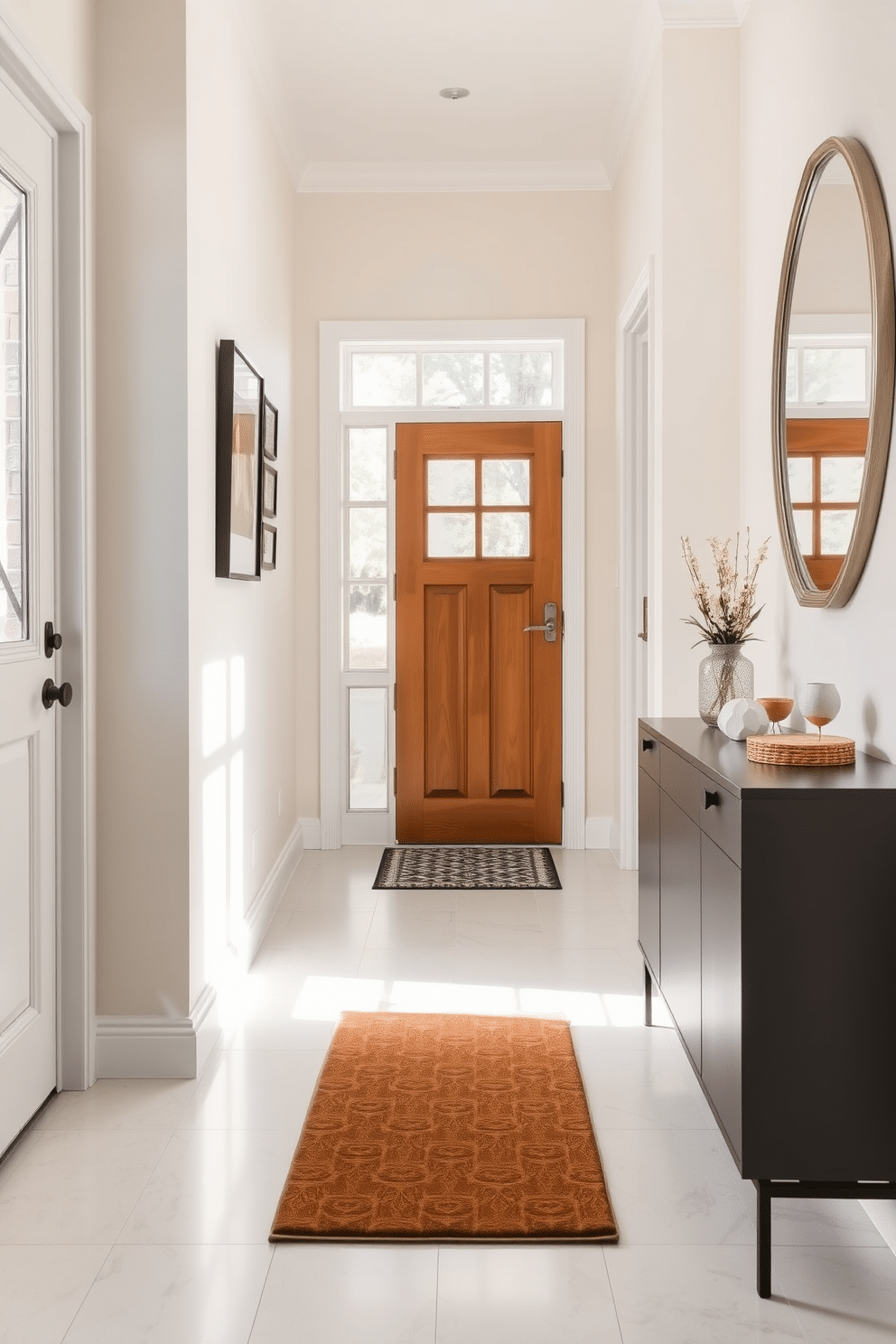 A stylish entryway featuring a chic hallway mat that adds a pop of color. The walls are adorned with soft pastel shades, and a sleek console table sits against one side, topped with decorative items and a small potted plant. Natural light filters in through a nearby window, illuminating the space and highlighting the inviting atmosphere. A gallery wall of framed artwork adds personality, while a stylish mirror enhances the sense of openness in the hallway.