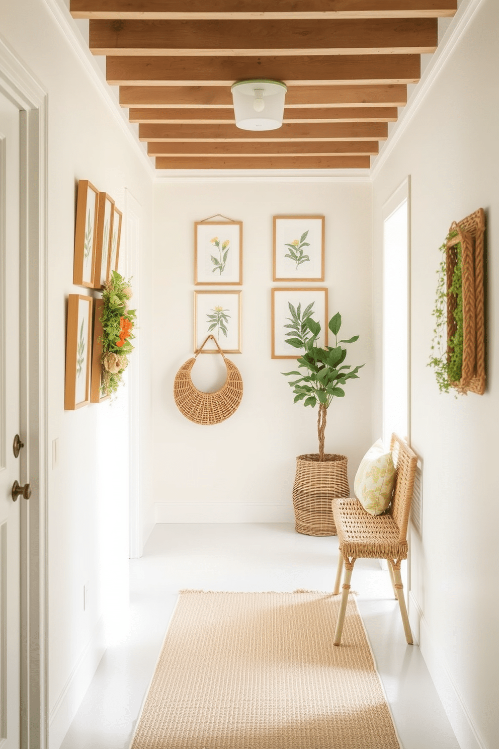 A bright and airy hallway adorned with summer-themed decorations. The walls are painted in a soft pastel shade, creating a welcoming atmosphere. A woven bench is placed against one side, providing a cozy seating area. Above the bench, a collection of framed botanical prints adds a touch of nature to the space.