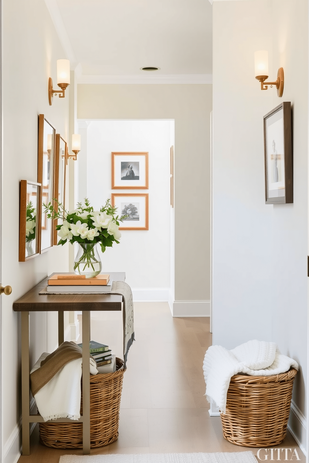 A bright and airy hallway adorned with stylish wall sconces that provide warm ambient lighting. The walls are painted in a soft pastel hue, complemented by a series of framed artwork that adds character to the space. A console table with a decorative runner sits against one wall, topped with a vase of fresh flowers and a few carefully selected books. A woven basket at the base holds extra throws, inviting comfort and style to the summer hallway decor.