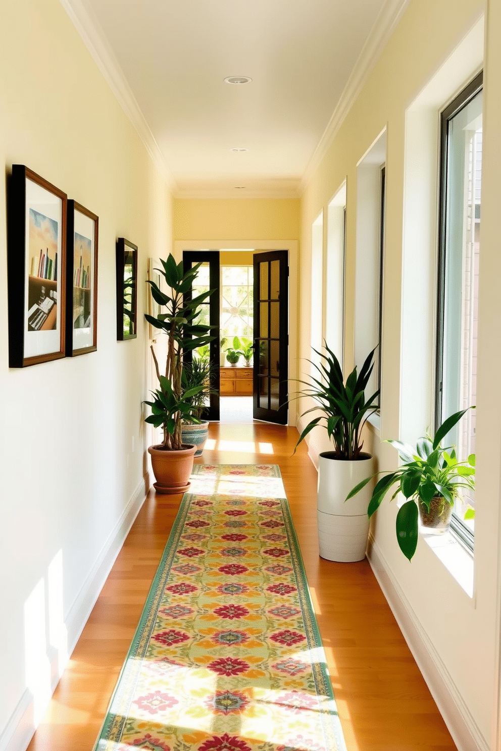 A bright and inviting hallway features a patterned runner that adds warmth and texture to the space. The walls are painted in a soft cream color, complemented by framed artwork that brings a touch of personality to the corridor. Natural light floods in through a nearby window, highlighting the runner's vibrant colors. Potted plants are strategically placed along the hallway to enhance the refreshing summer vibe.