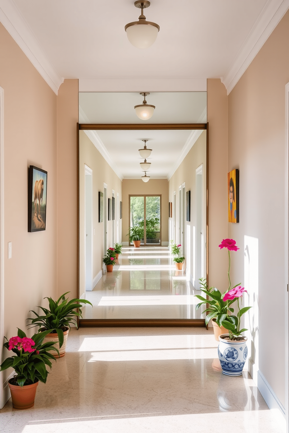 A spacious hallway adorned with a large mirror that reflects natural light, creating a sense of depth and openness. Flanking the mirror are vibrant summer-themed decorations, including potted plants and colorful artwork that evoke a cheerful atmosphere.