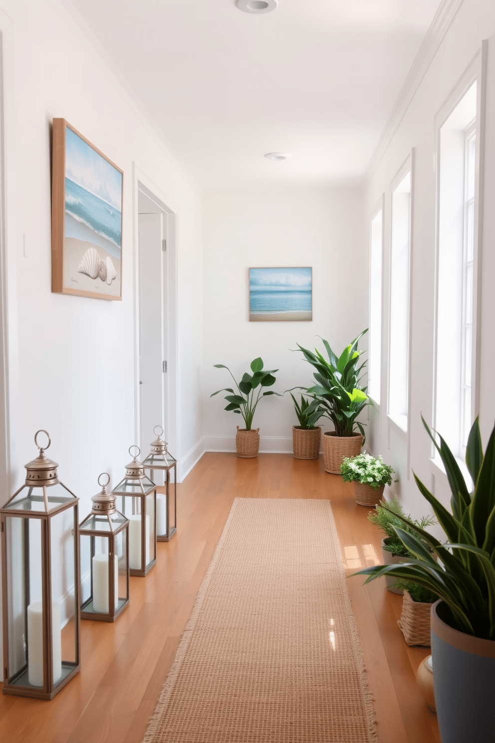 A bright and airy hallway with a coastal theme. The walls are painted in soft white and adorned with beach-inspired artwork featuring seashells and ocean scenes. Natural wood flooring complements the space, while a woven jute runner adds texture. A collection of decorative lanterns and potted plants line the edges, bringing a touch of the outdoors inside.