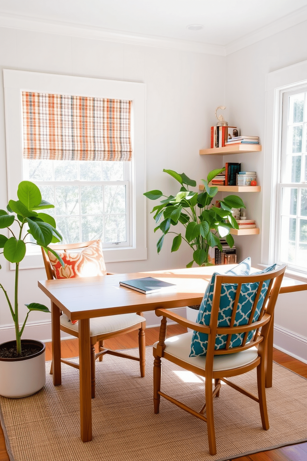 A bright and airy summer home office features a large wooden desk positioned by a window that allows natural light to flood the space. On the chairs, vibrant accent pillows in bold patterns add a pop of color and comfort, inviting creativity and relaxation. The walls are painted in a soft white, complemented by light wooden shelves displaying books and decorative items. A lush green plant in the corner brings a touch of nature indoors, enhancing the overall refreshing atmosphere of the office.