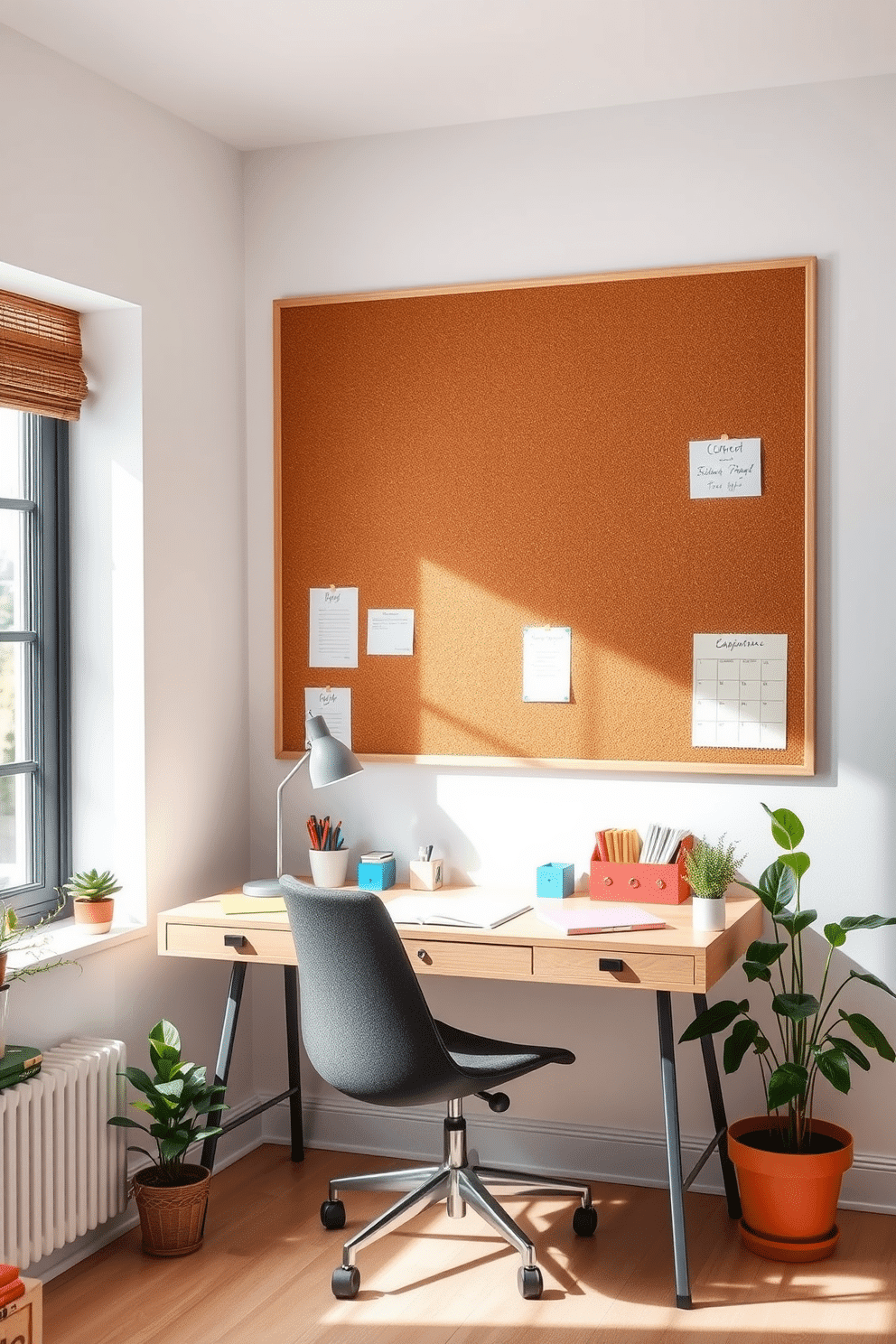 A bright and airy home office space featuring a large corkboard mounted on the wall for inspiration. The room is filled with natural light from a nearby window, and a stylish desk with a comfortable chair sits beneath the corkboard, surrounded by potted plants and colorful stationery.