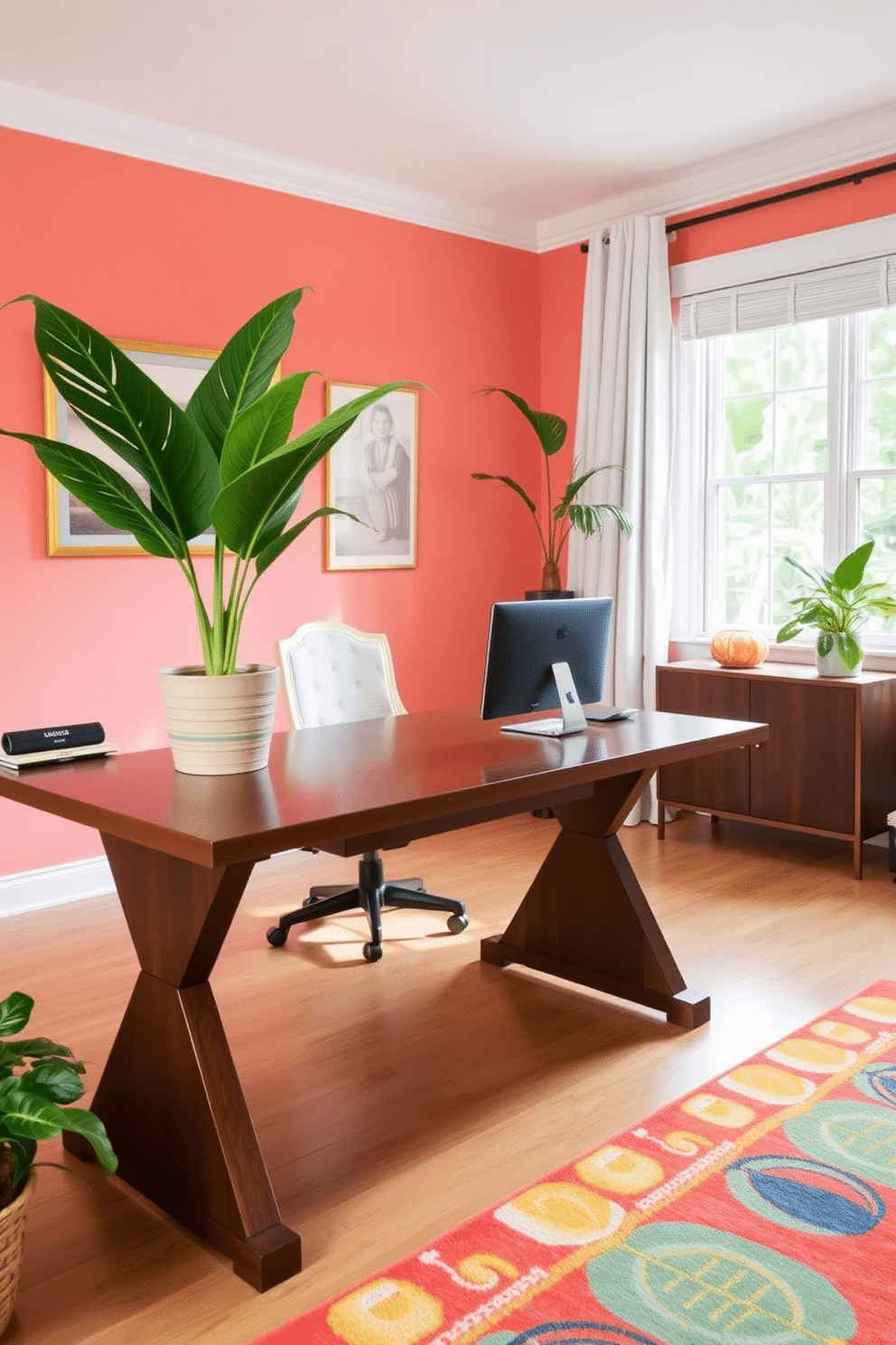 A bright and airy home office that embraces a tropical theme. A large wooden desk is adorned with a vibrant green potted plant and a stylish desk accessory featuring palm leaves. The walls are painted in a soft coral hue, creating a warm and inviting atmosphere. A comfortable chair with a light fabric complements the desk, while a colorful rug adds a playful touch to the space.