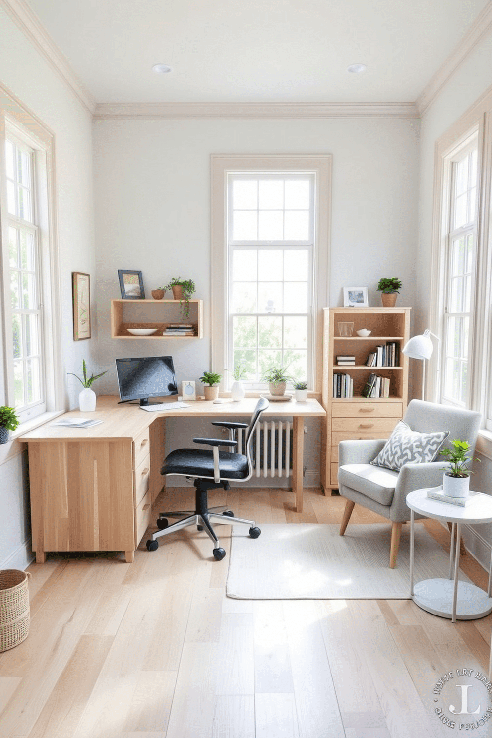 A bright and airy summer home office features light wood furniture that enhances the natural light flowing through large windows. A sleek desk sits against one wall, complemented by a comfortable ergonomic chair and a small bookshelf filled with decorative items and plants. The walls are painted in a soft pastel hue, creating a calming atmosphere perfect for productivity. A cozy reading nook is tucked into a corner, adorned with a plush armchair and a small side table, inviting relaxation during breaks.