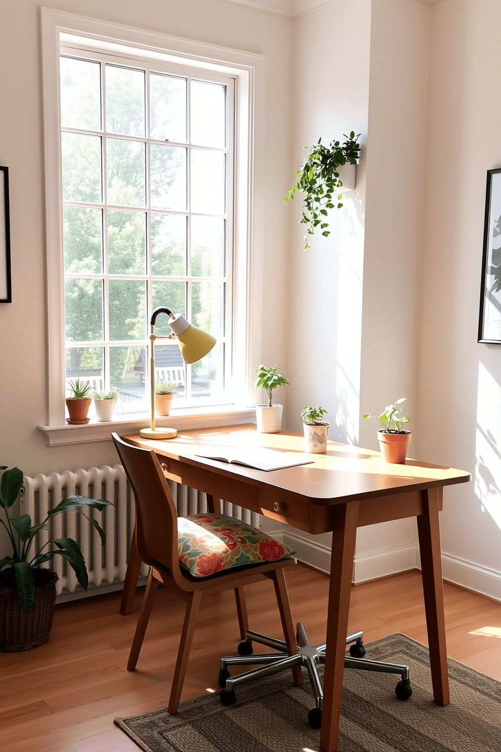 A bright and airy summer home office features a sleek wooden desk positioned by a large window that lets in plenty of natural light. A fun desk lamp with a quirky design sits on the desk, adding a playful touch to the space while providing ample illumination for work tasks. The walls are painted in a soft pastel color, creating a calming atmosphere perfect for productivity. A comfortable chair with colorful cushions complements the desk, and potted plants add a touch of greenery to enhance the cheerful vibe of the office.