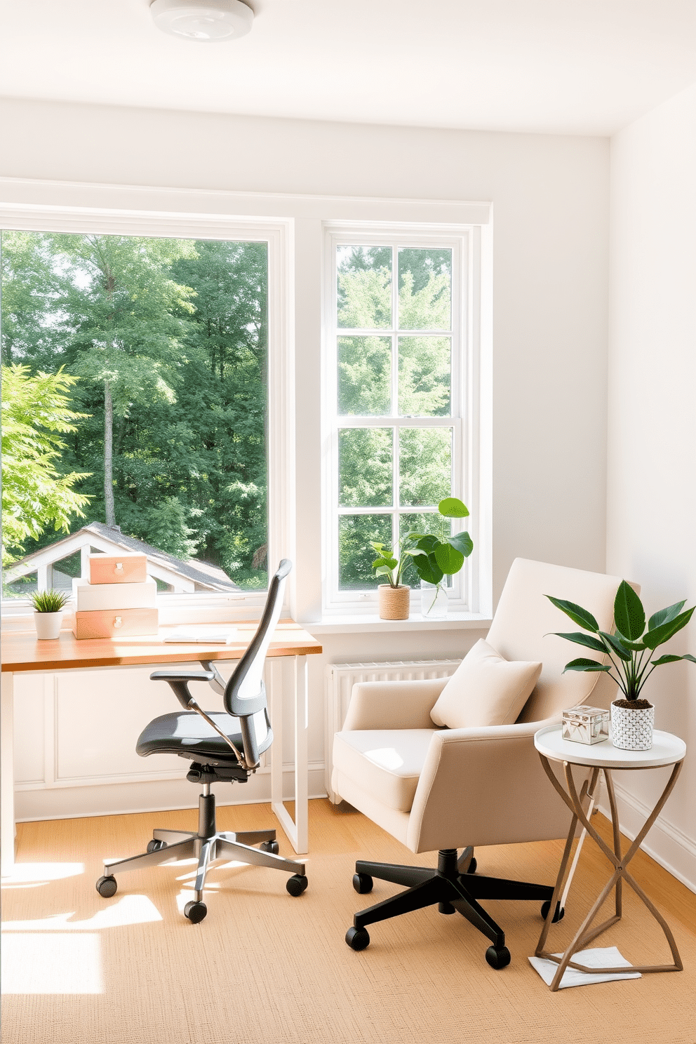 A bright and airy summer home office features a large window that lets in plenty of natural light. The walls are painted a soft white, creating a fresh and inviting atmosphere. A sleek wooden desk sits against one wall, complemented by a comfortable ergonomic chair. Decorative boxes in pastel colors are neatly arranged on the desk, providing stylish organization for office supplies and personal items. A cozy reading nook is created with a plush armchair and a small side table adorned with a decorative box. Green plants in decorative pots add a touch of nature, enhancing the overall cheerful vibe of the space.