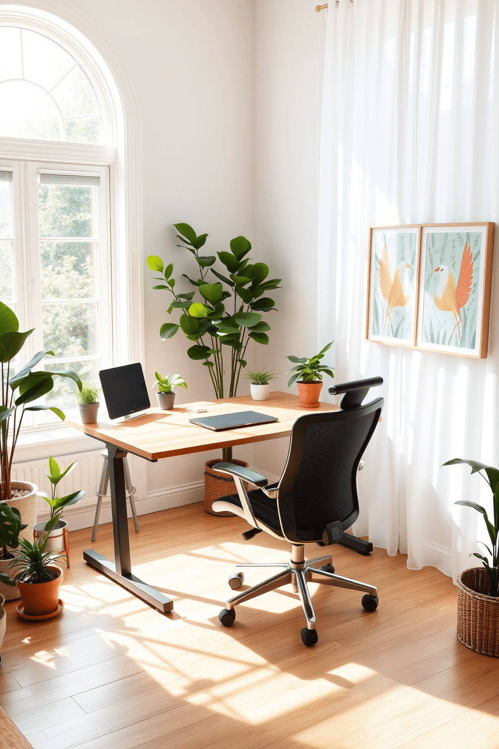 A bright and airy summer home office filled with natural light. The space features a large window with sheer white curtains that gently filter the sunlight. A sleek wooden desk sits in the center, paired with a comfortable ergonomic chair. Surrounding the desk are potted plants and colorful artwork that inspire creativity and focus.