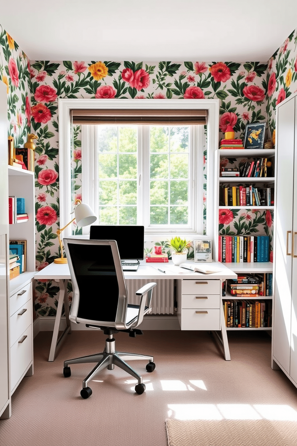 A bright and inviting summer home office featuring bold floral wallpaper that adds a vibrant touch to the space. A sleek white desk is positioned in front of a large window, allowing natural light to flood the room, complemented by a comfortable ergonomic chair. On the desk, a stylish laptop sits next to a small potted plant, enhancing the workspace's fresh and lively atmosphere. Shelves filled with colorful books and decorative items line the walls, creating an inspiring environment for productivity.