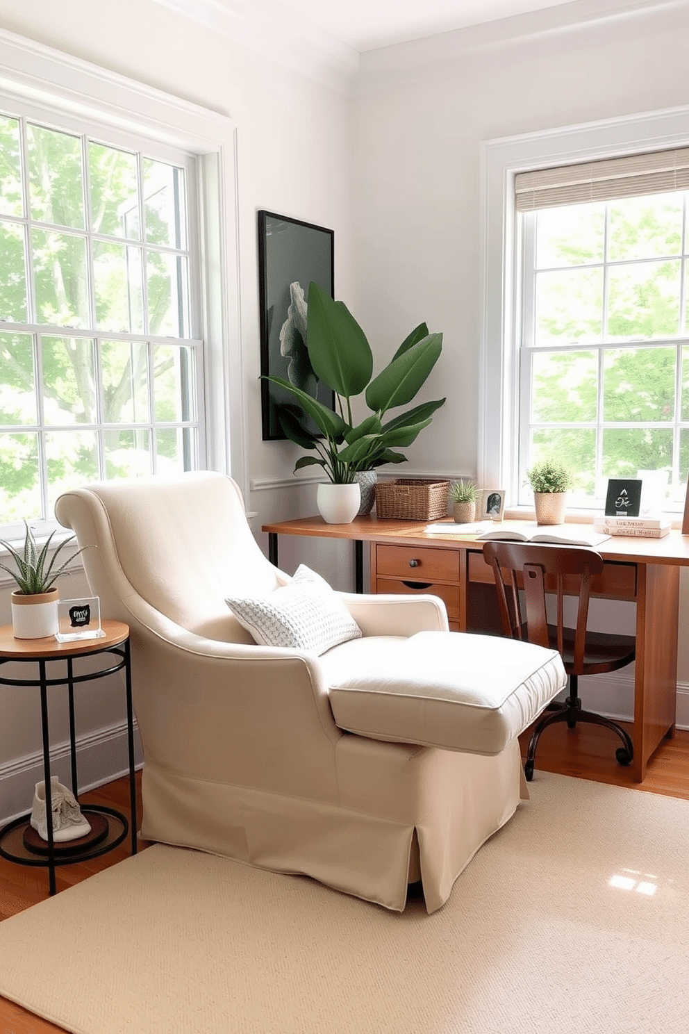 A cozy summer home office features a comfortable lounge chair in a soft pastel fabric, positioned near a large window that allows natural light to flood the space. The walls are painted in a light, airy color, and a wooden desk sits adjacent to the chair, adorned with stylish stationery and a small potted plant.