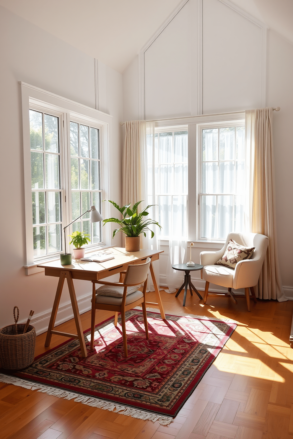 A bright and airy summer home office features large windows that allow natural light to flood the space. The walls are painted in a soft white, and a light wood desk sits in front of the windows, adorned with a potted plant and a stylish desk lamp. A cozy reading nook is positioned in one corner, complete with a plush armchair and a small side table. A colorful area rug adds warmth to the hardwood floor, while sheer curtains gently filter the sunlight, creating a serene atmosphere.