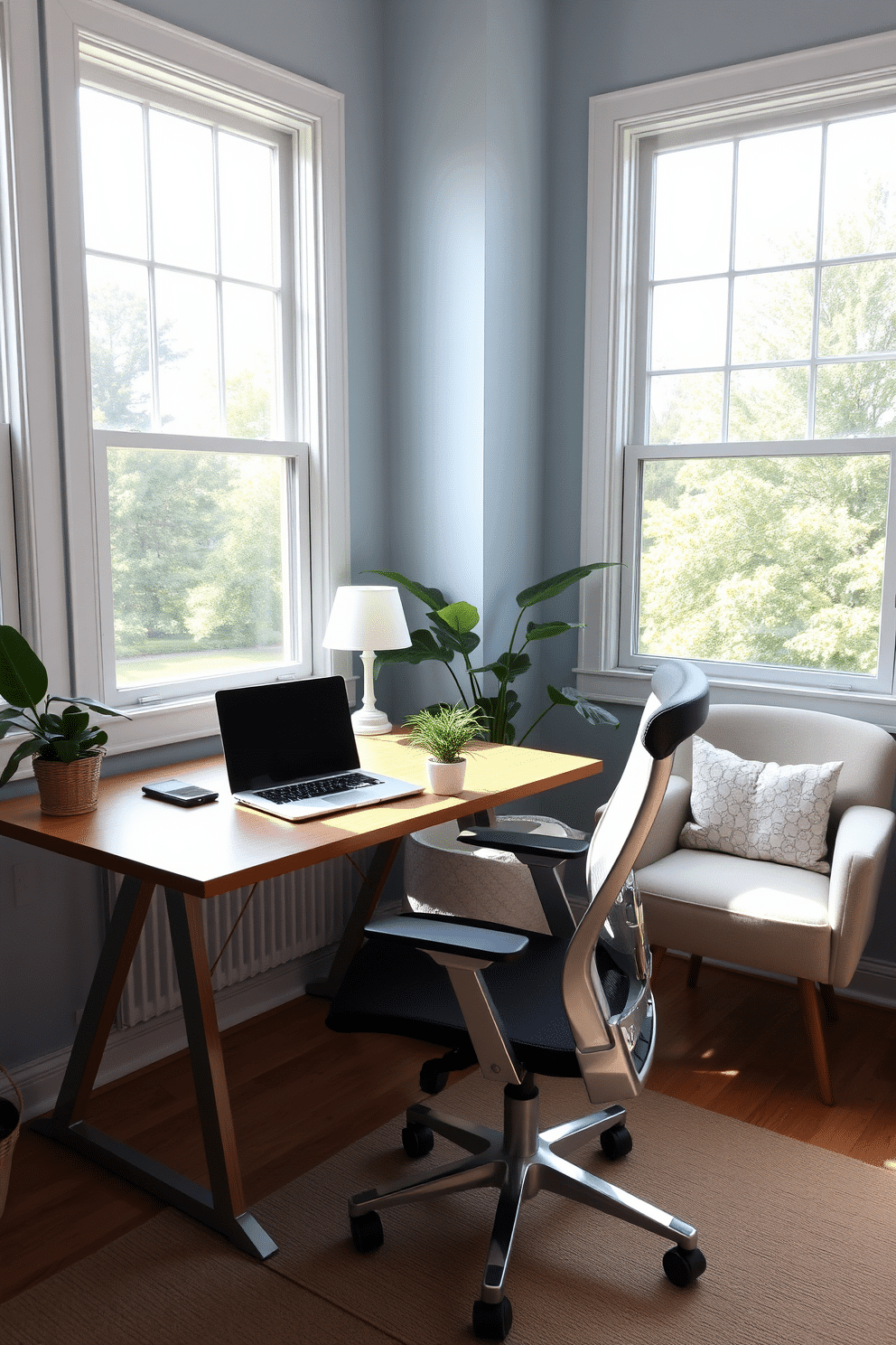 A serene summer home office setting. Natural light floods through large windows, illuminating a sleek wooden desk paired with a comfortable ergonomic chair. On the desk, a stylish laptop sits next to a small potted plant, adding a touch of greenery. A cozy reading nook is positioned in the corner, featuring a plush armchair and a small side table with a decorative lamp. A small water feature, such as a tabletop fountain, creates a calming atmosphere. The walls are painted in a soft blue hue, enhancing the tranquil vibe of the space.