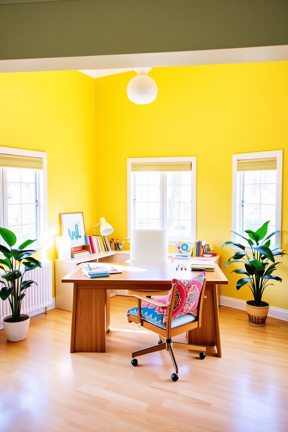 A bright and airy home office filled with natural light. The walls are painted in a soft pastel yellow, creating a cheerful atmosphere. A large wooden desk sits in the center, adorned with colorful stationery and a stylish desk lamp. A comfortable chair with a vibrant cushion complements the workspace, while a potted plant adds a touch of greenery.