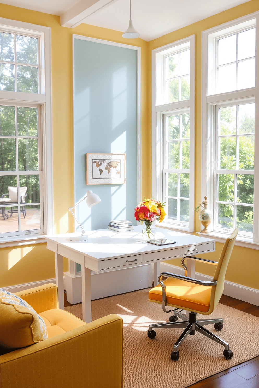 A bright and airy summer home office with large windows allowing natural light to flood in. The walls are painted in a soft yellow, complemented by a light blue accent wall that adds a cheerful touch. A sleek white desk sits in the center, adorned with a vibrant floral arrangement and a stylish desk lamp. Cozy seating includes a comfortable chair upholstered in a sunny fabric, creating an inviting workspace.