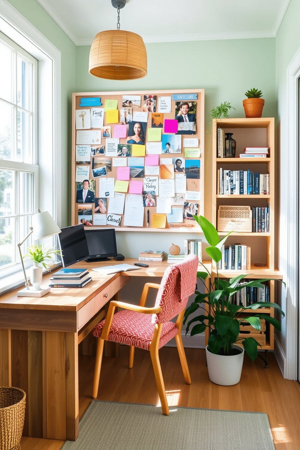 A stylish summer home office features a large bulletin board adorned with colorful notes and inspiring images. The desk, made of reclaimed wood, is positioned near a window that allows natural light to flood the space, enhancing the vibrant atmosphere. The walls are painted in a soft pastel hue, complementing the light wooden shelves filled with books and decorative items. A comfortable chair with a bright fabric adds a pop of color, while a potted plant in the corner brings a touch of nature indoors.