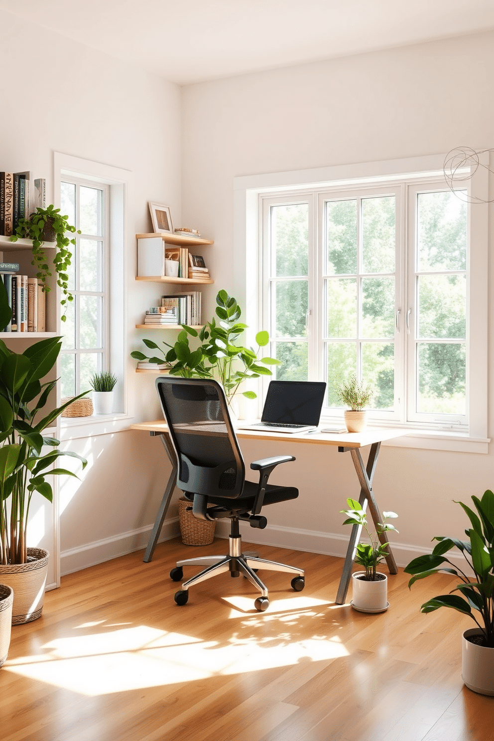 A bright and airy summer home office features a foldable desk positioned by a large window, allowing natural light to flood the space. The desk is paired with a comfortable ergonomic chair and surrounded by potted plants for a refreshing touch. The walls are painted in a soft pastel hue, creating a serene atmosphere conducive to productivity. Shelves filled with books and decorative items line the walls, adding personality and warmth to the room.