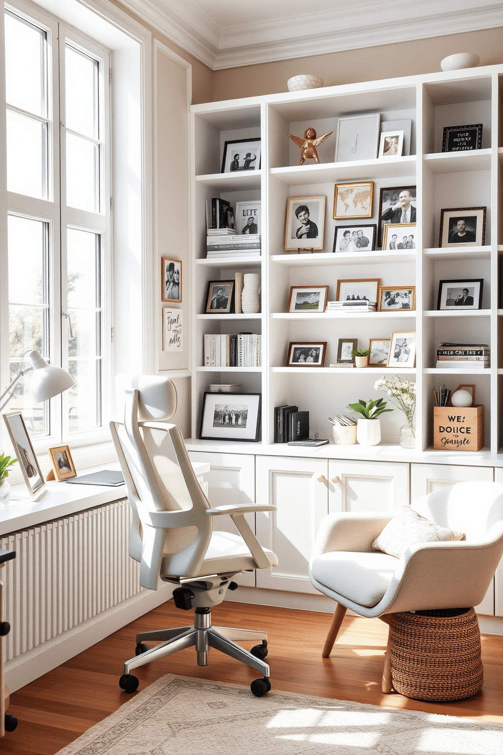 A bright and airy home office filled with natural light. The space features a sleek white desk positioned near a large window, complemented by a comfortable ergonomic chair in soft pastel tones. Shelves lined with personal photos and curated decor items add warmth and personality to the room. A cozy reading nook with a plush armchair and a small side table invites relaxation and creativity.