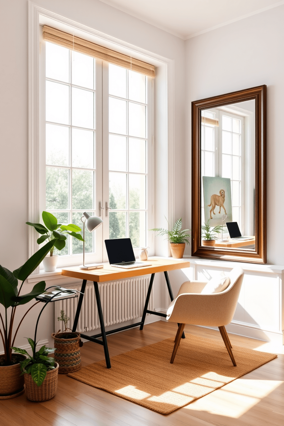 A bright and airy summer home office featuring a large floor-to-ceiling window that floods the space with natural light. The walls are painted in a soft white, creating a serene backdrop for a stylish wooden desk positioned in front of the window. A large mirror is mounted on the opposite wall, enhancing the sense of space and reflecting the sunlight. The room is accessorized with potted plants and a cozy reading nook adorned with a comfortable chair and a small side table.