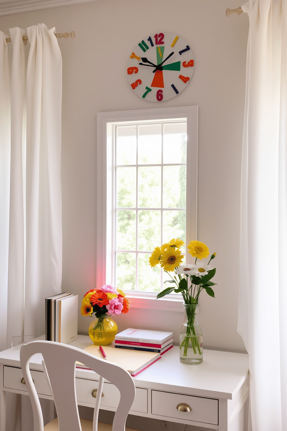 A whimsical clock with a colorful design hangs on the wall, adding a playful touch to the space. The clock features a mix of bright colors and unique shapes, complementing the light and airy atmosphere of the summer home office. The office desk is adorned with fresh flowers in a vibrant vase, enhancing the cheerful vibe. Surrounding the desk are light, breezy curtains that flutter gently in the summer breeze, creating a refreshing and inviting workspace.